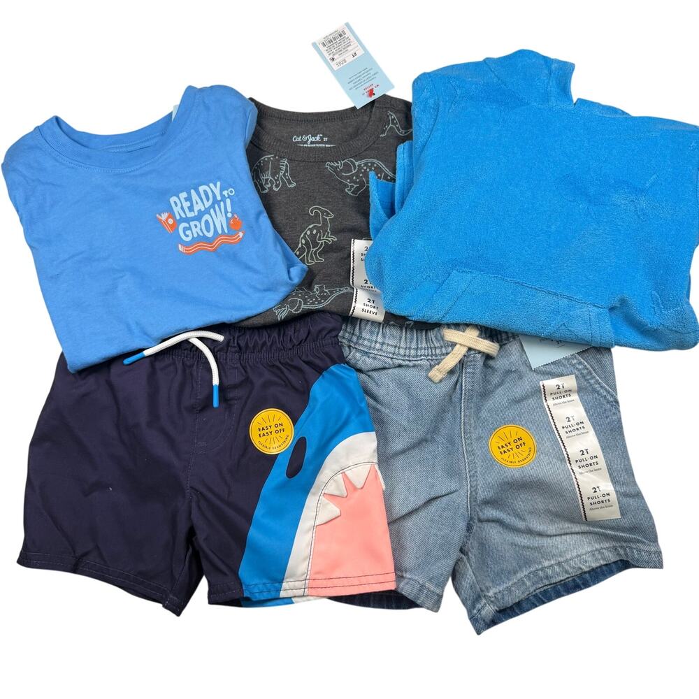 Cat & Jack Summer Lot Boys 2T 5 Piece Shorts Swim Shirts NWT